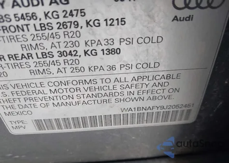 2018 Audi Q5 2.0T Premium/2.0T Tech Premium z USA, uszkodzony, nr VIN WA1BNAFY9J2052451